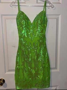 Jovani Neon Green Sequin Mini Dress